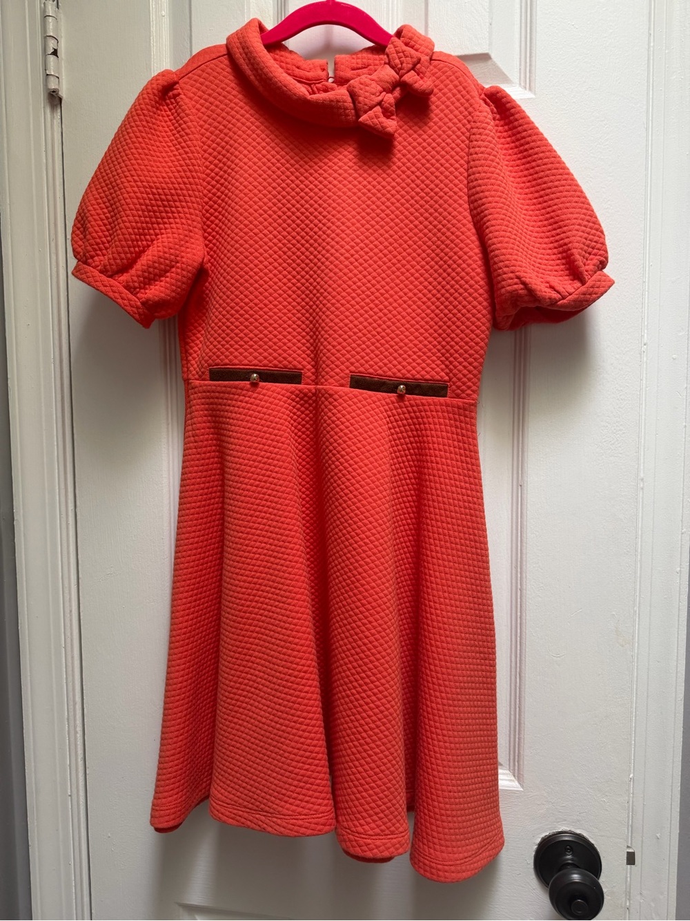 Quilted Orange Puff-Sleeve Dress with Bow Collar